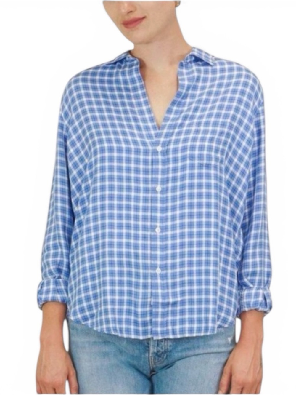 Frank & Eileen Eileen Relaxed Button Up Shirt Blue Plaid Check 100% Modal Size L